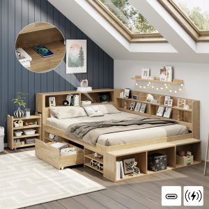 Cama infantil 140x200cm com arrumação em contraplacado – natural