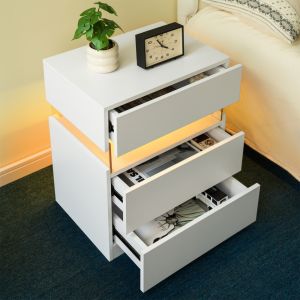 Mesa de cabeceira com luz LED e 3 gavetas branco