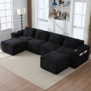 Sofá modular em bombazina preto 4 lugares com 2 pufes e porta-copos