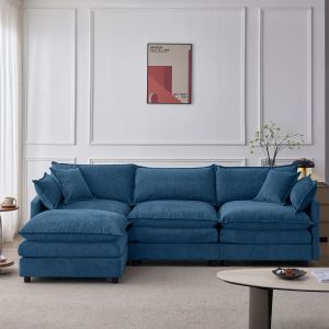 Sofá de canto modular em chenille azul 3 lugares com chaise longue e hocker