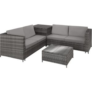 Tectake conjunto mobiliário rattan, 2 sofás, mesa vidro, cinzento