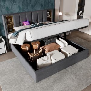 Cama 180x200cm aLGodão, carga sem fios usb-c, 4 prateleiras, cinza