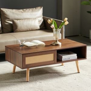 Mesa de centro rattan com porta de correr castanha 40x105x55cm