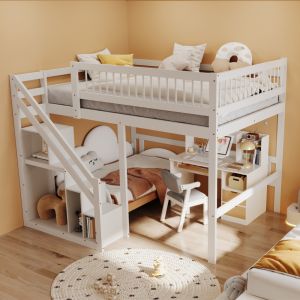 Cama de madeira 140x200cm com arrumação escada com grade branca