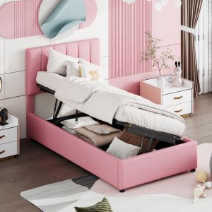 Cama estofada 90x200cm com arrumação hidráulica linho – rosa