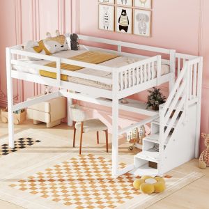 Cama alta 140x200cm com secretária e arrumação madeira de pinheiro – branco