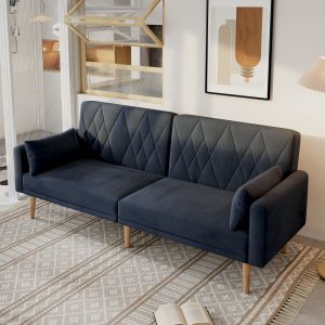 Sofá-cama 2 lugares veludo preto reclinável com almofadas
