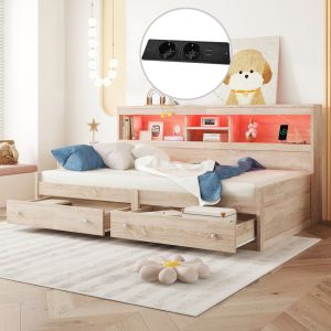 Cama divã 90x200 cm em aglomerado e mdf cor natural com LED usb e 2 gavetas