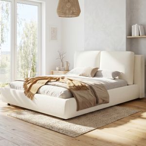 Cama estofada 160x200cm com arrumação bouclé – bege