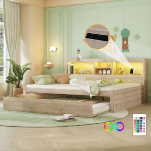 Cama de dia 140x200cm mdf aglomerado natural LED usb arrumação