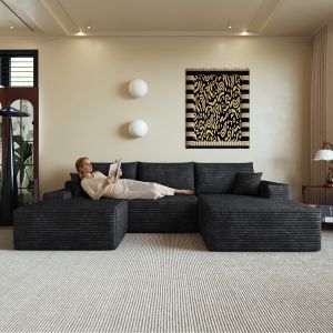 Sofá modular de canto com chaise longue em l tecido canelado preto 270 cm