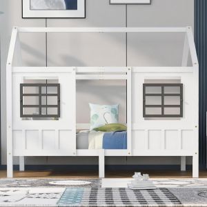 Cama casa infantil com janelas seguranca 90x200cm branco