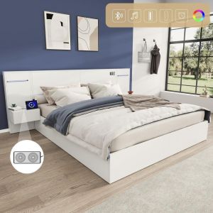 Cama de casal em madeira 160x200cm com usb-c e bluetooth, branca
