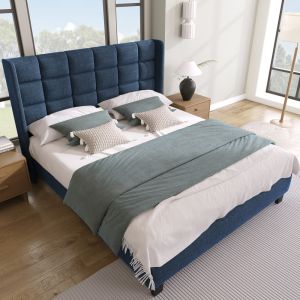 Cama estofada 140x200cm com cabeceira alta e estrado linho – azul