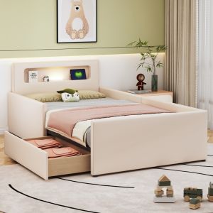 Cama estofada infantil 90x200cm com luz e arrumação pele sintética – bege