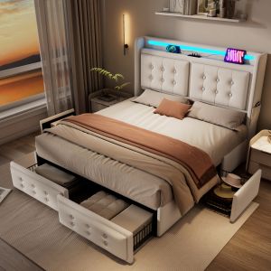 Cama estofada 180x200 com LED e arrumação aLGodão linho – bege