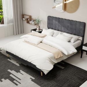 Cama estofada 160x200cm estrutura baixa tecido e metal cinzento