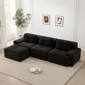 Sofá modular em l em bombazina preto 3 lugares com otomana