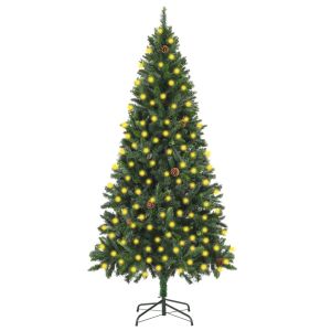 vidaXL árbol de navidad artificial iluminado con luces y piñas 210 cm