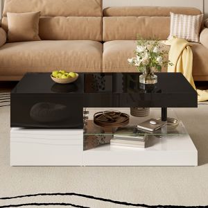 Mesa de centro, LED, tampo preto com base branca