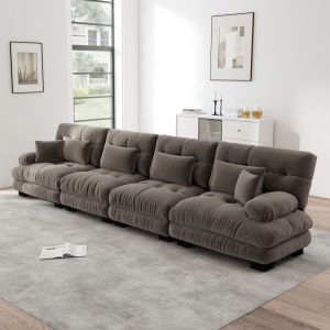 Sofá modular de canto em chenille castanho 4 lugares assento fundo