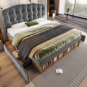 Cama estofada 140x200cm com arrumação e gavetas veludo cinzento