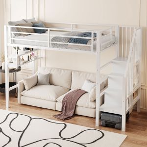 Cama alta metálica, 90 x 200 cm, cinza.