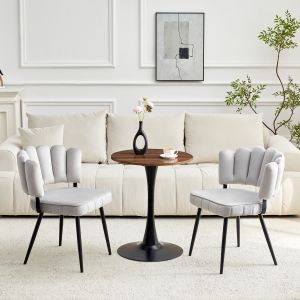 Conjunto mesa redonda 60 cm em mdf e 2 cadeiras em veludo cinzento claro