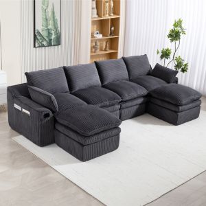 Sofá modular 4 lugares em bombazina cinzento-escuro com 2 pufes