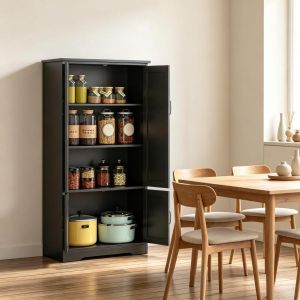 Armário de cozinha preto com 2 portas e 3 prateleiras 123x60x30cm