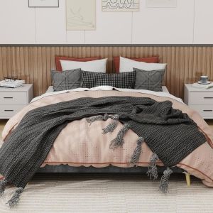 Cama 160x200cm design baixo com estrado de ripas, cinzento estável
