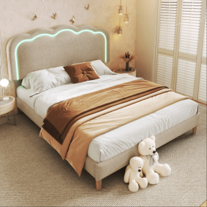 Cama estofada 140x200cm com cabeceira LED regulável linho – bege