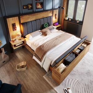 Cama estofada 160x200cm com luz de leitura e arrumação mdf metal – carvalho