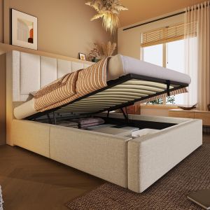 Cama tapizada,90x200,portavasos ocultos,beige