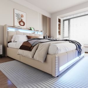 Cama de casal com colchão hidráulico,180x200cm,bege,tecido de linho.