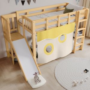 Beliche infantil 90x200cm com escada, escorrega e cortinas madeira natural
