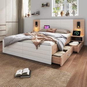 Cama casal 140x200cm com arrumação mdf com colchão branco carvalho