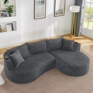 Sofá chaise longue 3 lugares em bombazina cinzento com porta copos