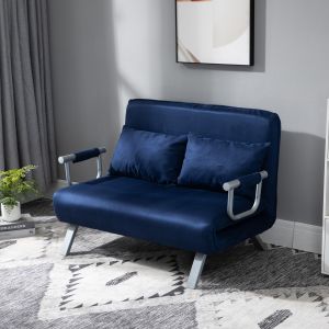 Sofá-cama 2 lugares em poliéster azul com encosto ajustável