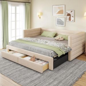 Sofá-cama extensível 90/180x190 cm com gavetas, base de ripas bege