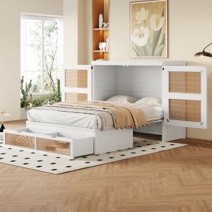 Cama embutida, 140 x 200 cm, design em vime, cama de madeira, branca.
