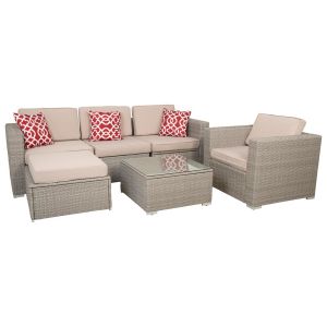 Conjunto mesa, sofá, poltrona e apoio para os pés