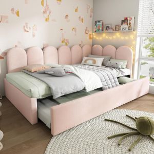 Cama banqueta 90x200cm com cama auxiliar 90x190cm, veludo,2 camas,rosa