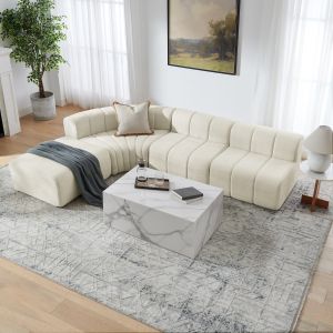 Sofá de canto modular em chenille bege 4 lugares com módulos versáteis