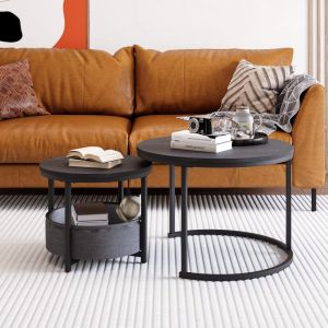 Mesa de centro industrial redonda 2 em 1 metal preto 9x73,5x73,5cm