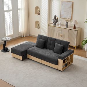 Sofá-cama com arrumação chenille cinzento 3 lugares 217 cm