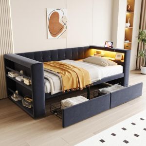 Cama 90x190cm com LED, tomada, arrumação e gavetas, cinzento escuro