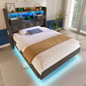 Cama estofada 90x200cm com LED, arrumação e colchão linho cinzento