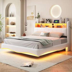 Cama 160x200 cm com efeito suspenso, LED, usb-c e arrumação bege