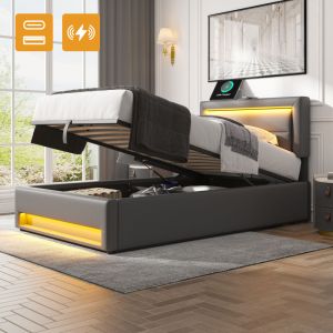 Cama estofada 160x190cm com LED usb e arrumação pu – cinzento